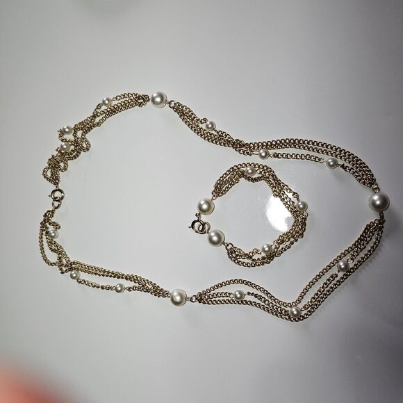 *Sale* Vtg 1970s Emmons Scenario Faux Pearl Bead Gold Tone Necklace Bracelet - Picture 10 of 13